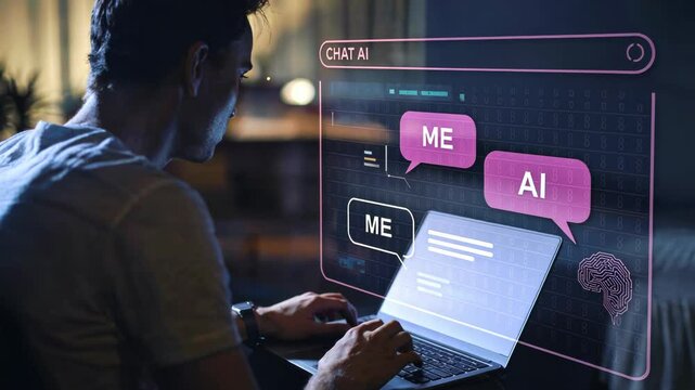 ChatGPT, LLMs (Large Language Models) Chat With AI Technology. Man Using a Laptop Computer Chatting With an Intelligent Artificial Intelligence. Smart Assistant Futuristic Concept.
