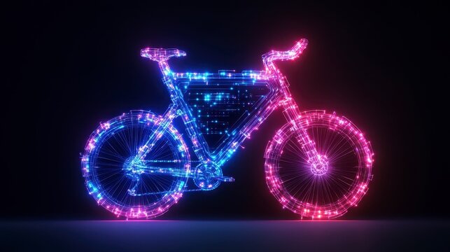 An illuminated digital bicycle glowing in neon colors against a dark backdrop showcasing modern technology and creativity.