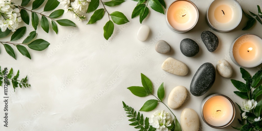 Poster spa arrangement featuring candles, stones, and green leaves displayed on a serene light background, 