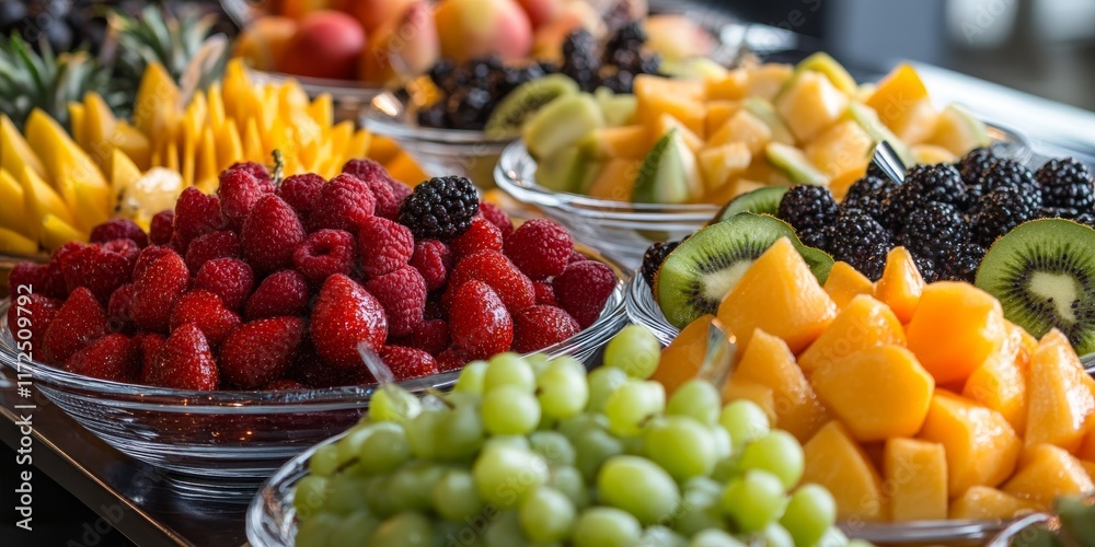 Poster assorted fruits displayed at a dessert buffet create a vibrant and inviting atmosphere, showcasing a