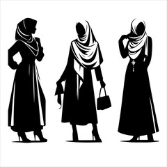 Hijab style woman silhouette vector, Hijab style standing woman vector icon on a white background