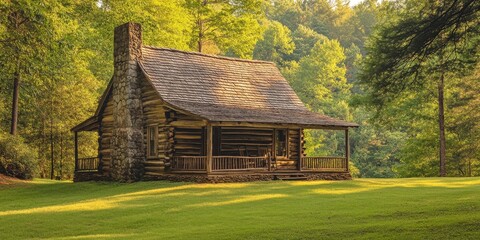Fototapeta premium Historic cabin in the Great Smoky Mountains, embodying early American architecture, is a prominent landmark showcasing the charm and rustic beauty of an era rich in history.