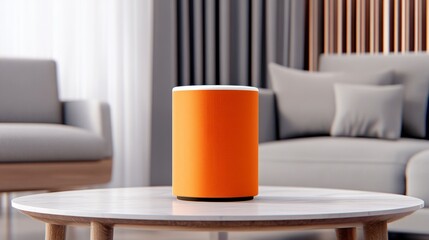 Stylish and modern wireless speaker in a bright orange finish, set in a contemporary living room environment that showcases minimalist design