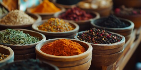 Fototapeta premium Close up of a selection of herbs and spices, showcasing the vibrant colors and textures of various herbs and spices that enhance culinary dishes. Explore the diverse world of herbs and spices.