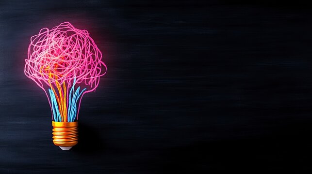 A colorful light bulb illuminating a creative idea with vibrant string lights against a dark background