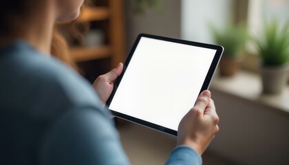 Woman holding a blank digital tablet device with shallow depth of field with plants in background, showcasing mobile technology and online browsing concept.