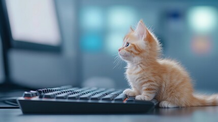 Cute Orange Kitten Sitting on a Computer Keyboard While Curiously Watching the Screen in a Cozy Home Office Setting