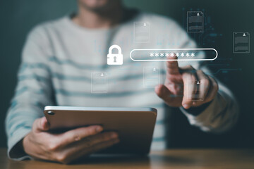 Lock password from Laptop or smartphone. Cyber security to protect personal data privacy from data leak and online technology crime. While using finance business application before login credential.