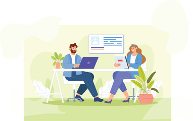 A professional discussion scene illustration in flat 2D vector style, showing a group of individuals engaged in a business conversation, with laptops, charts, and documents