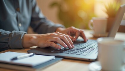 Close up of hands typing on a laptop keyboard at a wooden desk, next to a coffee cup and notebook with a pen, illuminated by warm sunlight, focusing on work in cozy atmosphere.