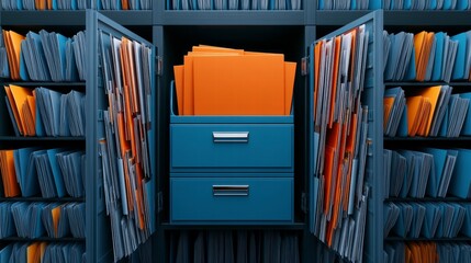 Organized filing cabinet showcasing neatly arranged folders with bright orange and blue tones in a modern office setting