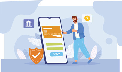 A banking and finance app illustration depicting a user conducting secure transactions, featuring elements like a mobile device, secure authentication icons