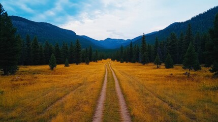 Obraz premium Expansive golden meadow framed by majestic mountains and a winding dirt path under a blue sky