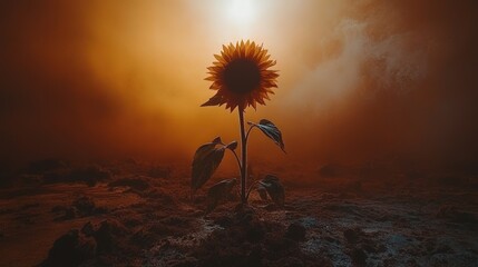 Lone sunflower sunset; smoky field; hope; nature photography.