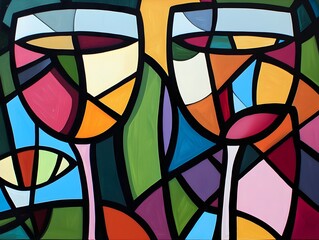 Fototapeta premium An abstract cubist painting depicts wine glasses using geometric shapes and vibrant colors