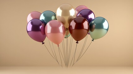A cluster of metallic balloons floats against a beige background