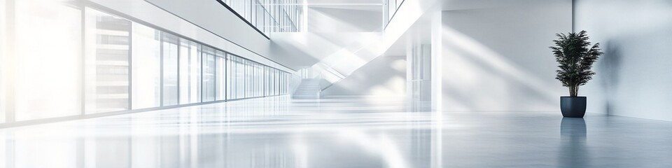 Obraz premium Minimalist luxury interior with sunlight streaming through windows and potted plants