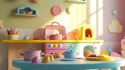Play Kitchen Set With Colorful Pots And Toy Food