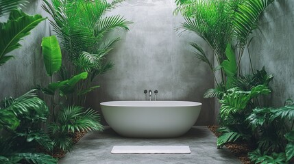 Lush tropical bathroom; serene bathtub escape.