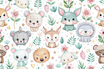 Obraz premium Adorable watercolor animal pattern with flowers and leaves.