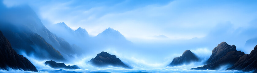 Fototapeta premium A serene blue landscape with misty mountains and calming waters, invoking a sense of peace and tranquility in nature.