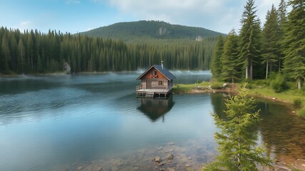 Obraz premium Secluded wooden cabin on a calm mountain lake surrounded by evergreen trees, a peaceful nature scene.