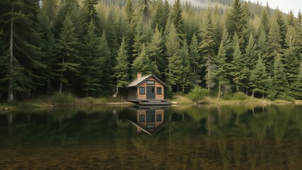 Fototapeta premium Secluded lakeside cabin nestled in a lush evergreen forest reflecting peacefully in the still water.