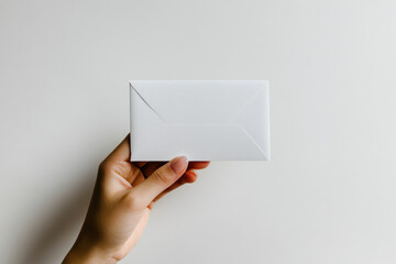 Hand holding white envelope against rustic background, natural light highlights creases and shadows.