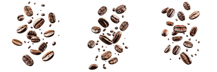 Collection set of coffee beans falling through the air isolated on a transparent background