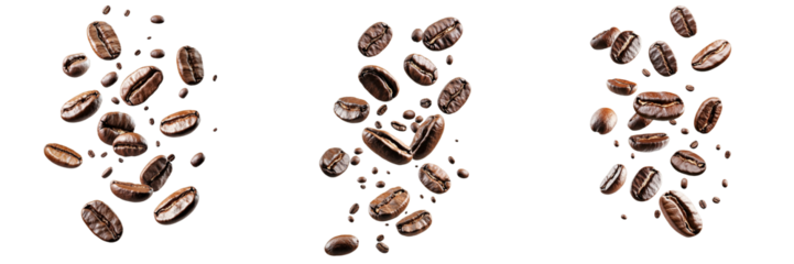 Collection set of coffee beans falling through the air isolated on a transparent background