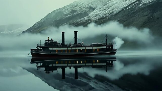 Steam-driven vessel glides through foggy waters surrounded by mountains at dawn