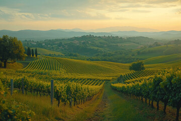 Fototapeta premium Vineyard in the hills of Tuscany, with rows of grapevines stretching into the distance under a clear blue sky.