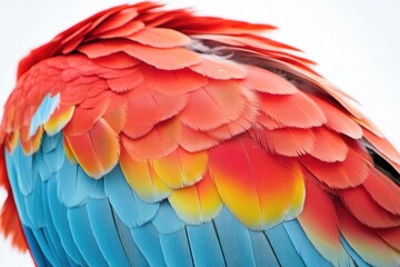 Fototapeta premium Vibrant feathers display stunning gradients of red, blue, and ye