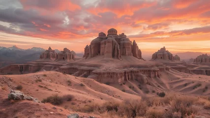 Fototapete Majestic ancient ruins at sunset in the desert, a breathtaking landscape of architectural wonders under a vivid sky © Sabit