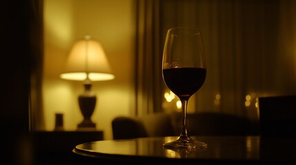 Red wine glass on table at night.