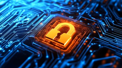 Secure digital circuit with glowing orange lock symbol on blue circuit board