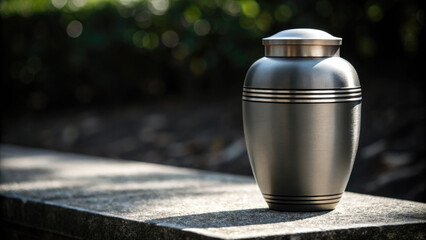 A funeral urn rests on a stone surface, symbolizing memory, grief and the cycle of life and death