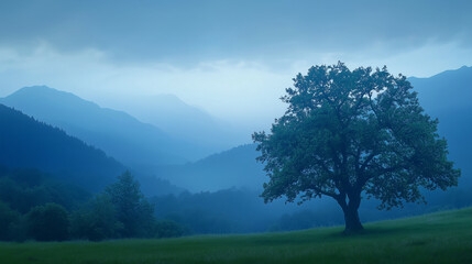 Misty Mountain Serenity: A Lone Tree in a Foggy Landscape