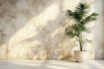 A 3D rendering of a room with a beige stucco wall and a potted plant serves as interior background...