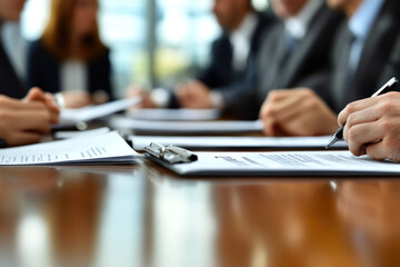 Person signing document at table, pen in hand. Bright room, vase of flowers in background. Professional setting.