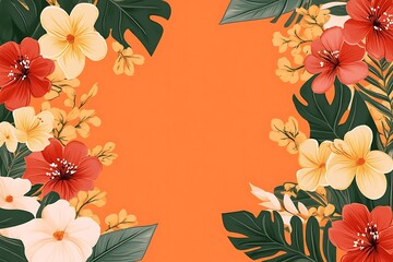 Watercolor illustration of orange and pink flowers with green leaves on white background. Floral border with copy space. Springtime and nature 