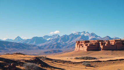 Majestic snow-capped mountains rise in the background of a desert landscape featuring a unique sandstone formation under a clear blue sky.