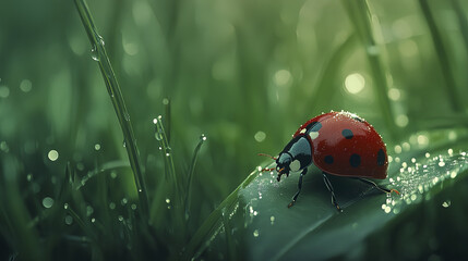 Obraz premium Close up of ladybug on dew covered leaf in lush green setting