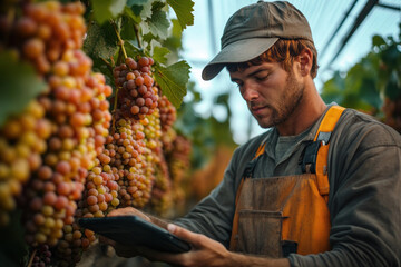 Man in apron and hat inspecting grapes at vineyard.