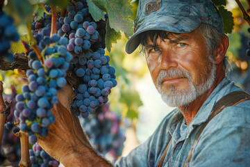 Obraz premium Man wearing hat holds bunch of grapes, standing in vineyard at sunset.