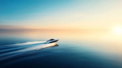 Fototapeta premium Scenic View of a Speedboat Gliding Across a Calm Ocean at Sunset with Vibrant Colors in the Sky and Reflections on the Water Surface