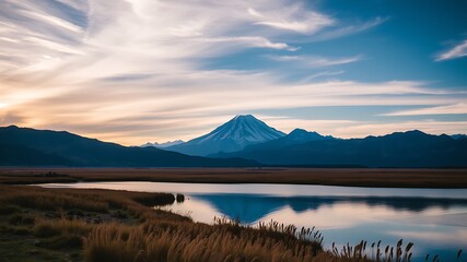 Naklejka premium Serene sunset landscape featuring a majestic snow-capped mountain reflected in a calm lake, with golden grass in the foreground.