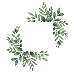 Vector watercolor green leaves banner, branches and leaves isolated on white background,greeting cards, invitations