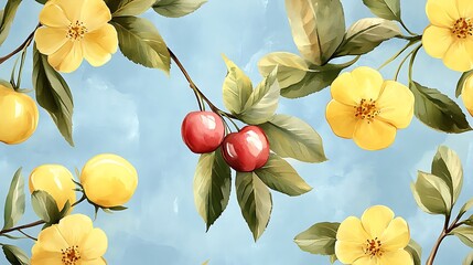 A harmonious watercolor design featuring cherries and blooming flowers, painted with soft brushstrokes, seamless pattern on a muted pastel backdrop, elegant and timeless look, vivid contrasts.