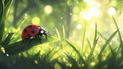 ladybug perched delicately on leaf in vibrant grassy field